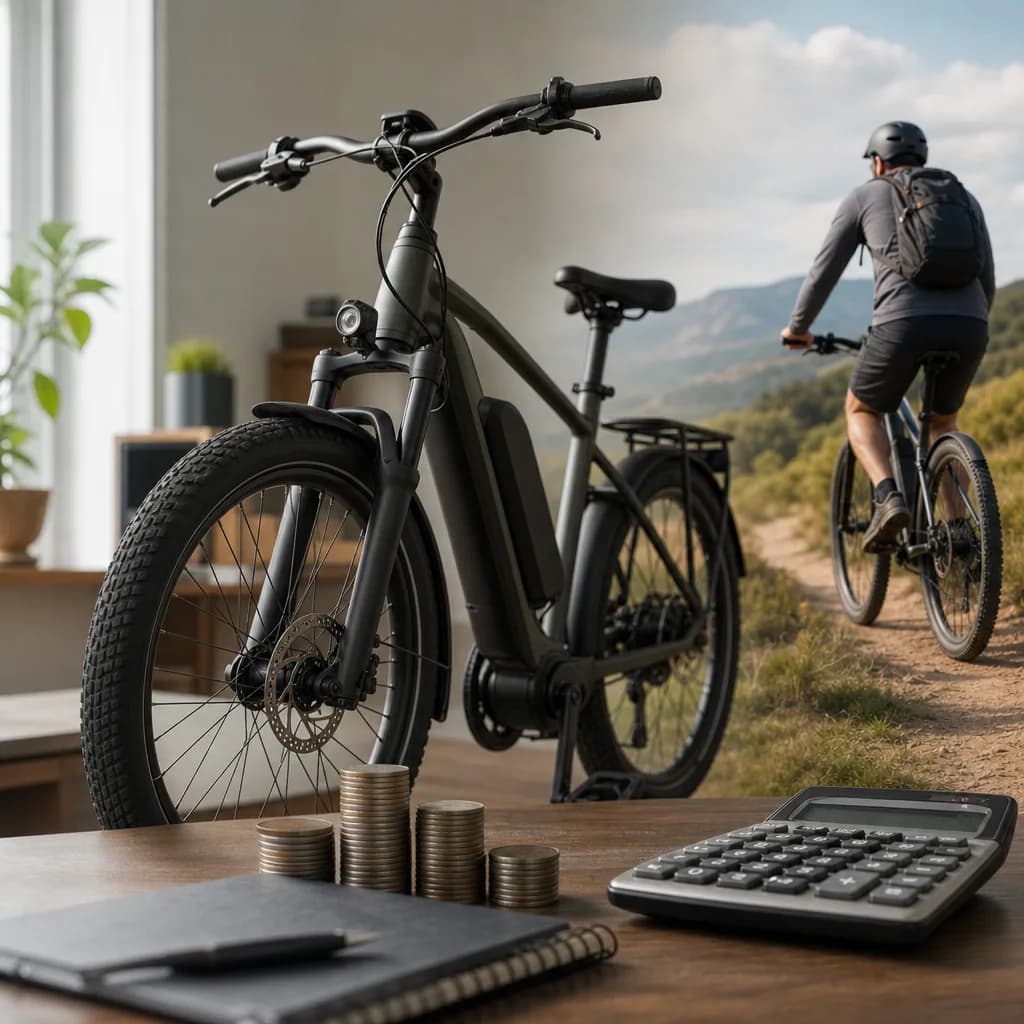 Person riding an e-bike with a trail in the background